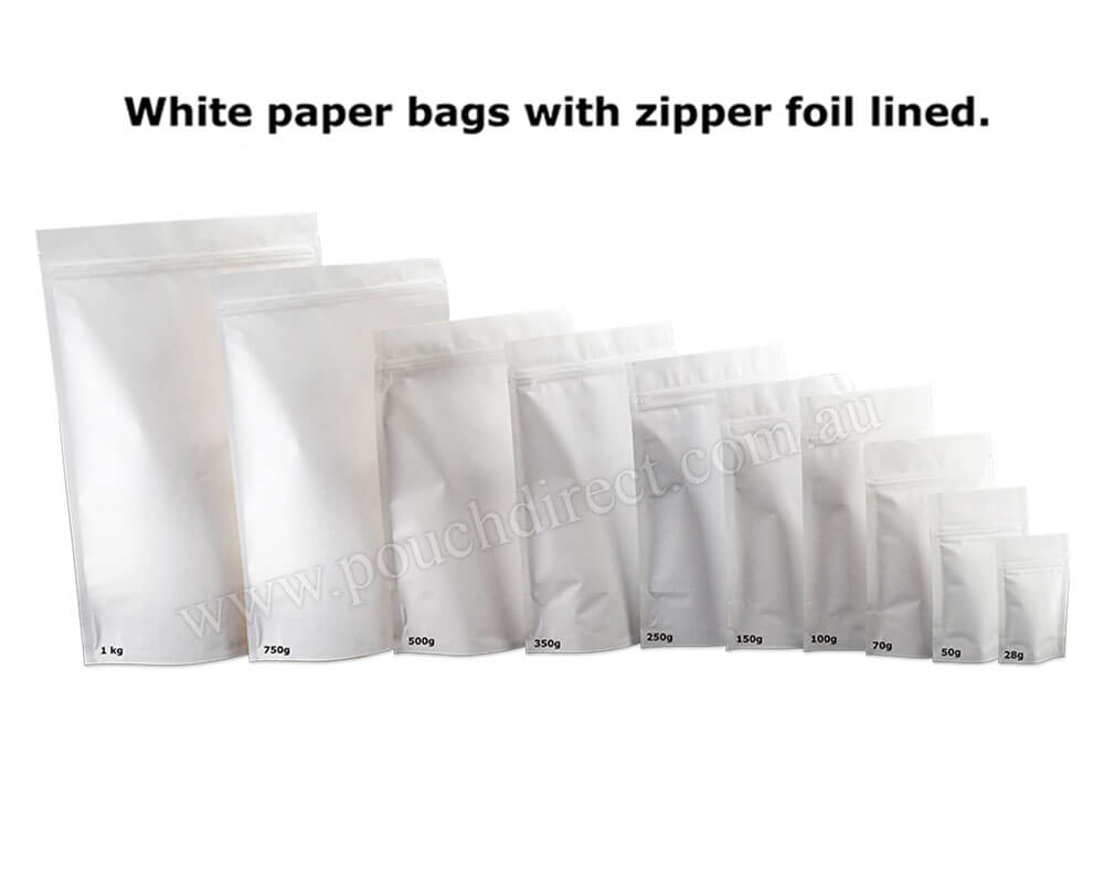 White Paper Bags With Zipper Foil Lined