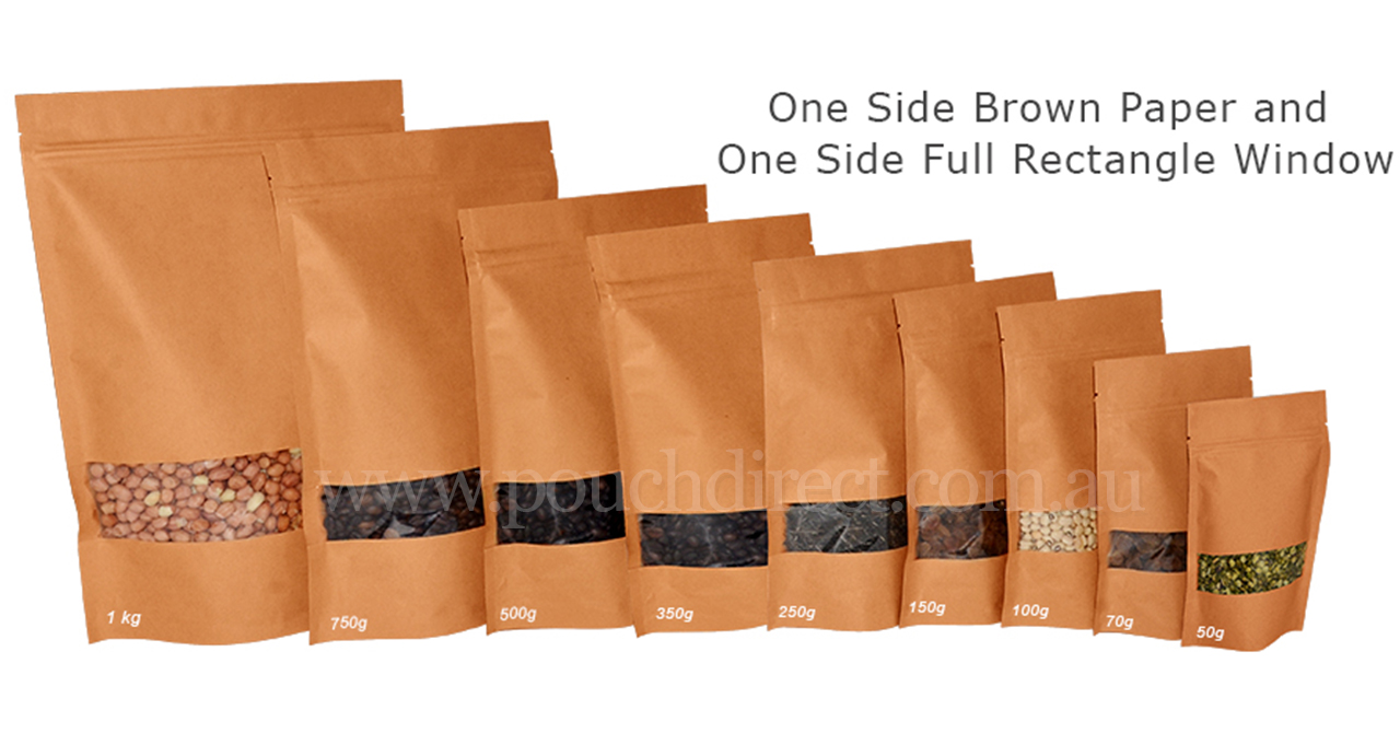 Brown Paper Bags with Full Rectangle window with Zipper